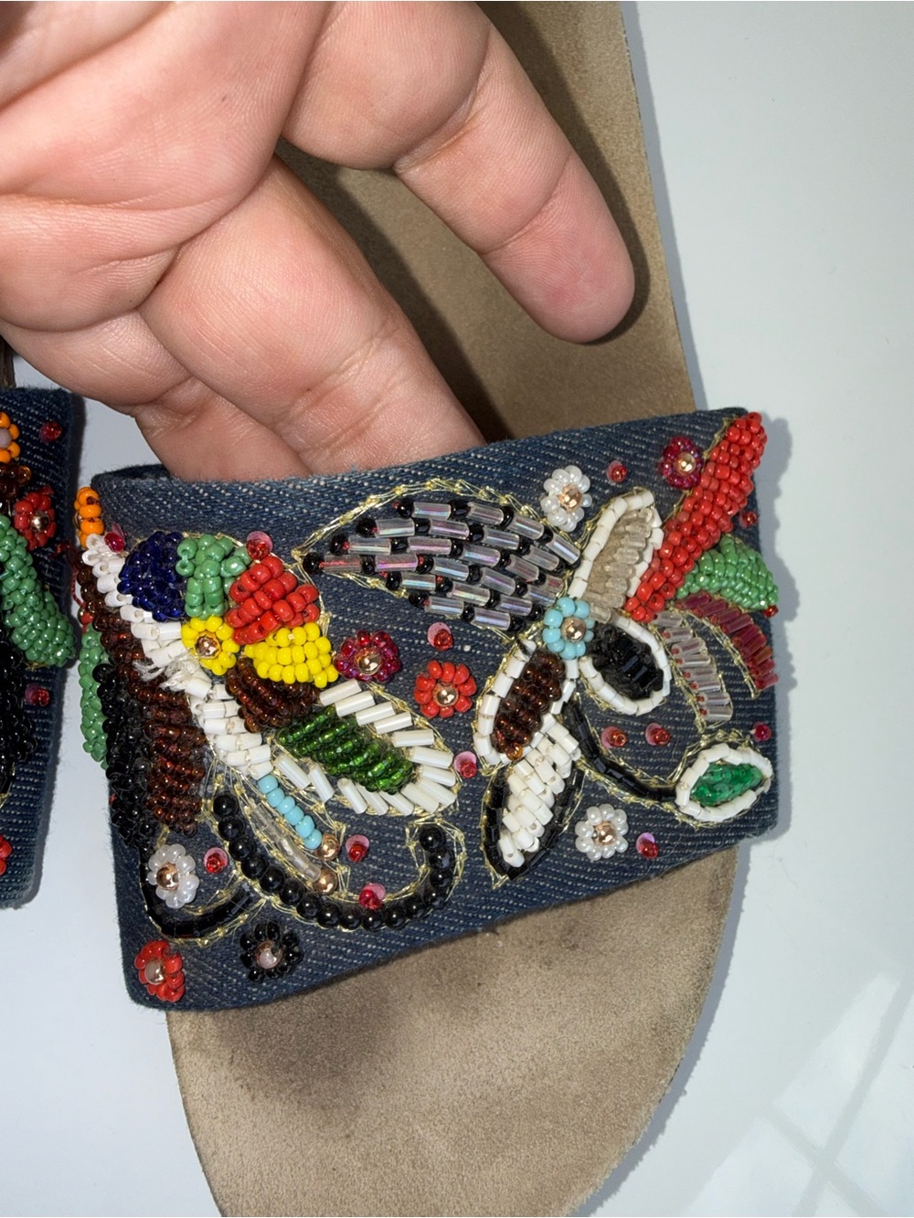 DANIBLACK Beaded Vacation Resortwear Denim Slide Sandal - Multicolor 9 - Picture 5 of 8